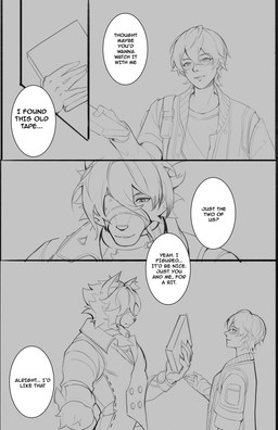 anthro bangs black_nose blush blush_lines butler butler_outfit chest_harness claws clothing comic_panel dialogue duo eye_patch eyewear finger_claws fingerless_gloves fluffy fluffy_chest formal_clothing formal_wear gloves hair hair_over_eye handwear harness inner_ear_fluff larger_anthro long_bangs long_sleeve_shirt male muzzle_(object) one_eye_obstructed rolled_up_sleeves simple_background size_difference speech_bubble text tuft vy_feehily mihoyo zenless_zone_zero von_lycaon wise_(zenless_zone_zero) canid canine canis human mammal wolf absurd_res black_and_white comic english_text hi_res monochrome