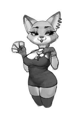 alternative_fashion anthro blep breasts card choker cleavage clothed clothing cross curvy_figure dress ear_piercing ear_ring eyeshadow female goth hourglass_figure jewelry looking_aside makeup minidress necklace no_bra piercing ring_piercing solo tongue tongue_out okgaki liar's_bar foxy_(liar's_bar) canid canine fox mammal hi_res monochrome
