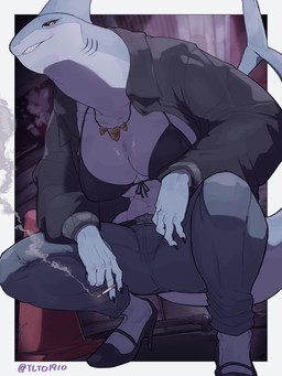 abs anthro belt big_breasts black_sclera bottomwear bra breasts cigarette cigarette_smoke clothed clothed_female clothing denim denim_bottomwear denim_clothing female fin footwear fully_clothed fully_clothed_female gills grin head_fin high_heels holding_cigarette holding_object jacket jeans kemono midriff muscular muscular_anthro muscular_female non-mammal_breasts open_clothing open_jacket open_topwear pants pupils shark_tooth_necklace sharp_teeth shoes slit_pupils smile smoke smoking smoking_cigarette solo tail tail_fin teeth topwear underwear yellow_eyes dragon_dedemushi fish marine shark 3:4 absurd_res hi_res