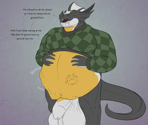 abdominal_bulge after_vore anthro balls belly big_balls big_belly big_penis black_body bodily_fluids dialogue dripping drooling father_pred foreskin genital_fluids genitals hand_on_belly huge_balls male male_pred male_prey mature_male navel oral_vore outie_navel pecs penis precum precum_drip rumbling_stomach saliva same_size_vore son_prey struggling struggling_prey tail text tight_foreskin vore white_body yellow_body yellow_eyes min_(artist) mythology dragon mythological_creature mythological_scalie scalie english_text father_(lore) father_and_child_(lore) father_and_son_(lore) parent_(lore) parent_and_child_(lore) parent_and_son_(lore) son_(lore)