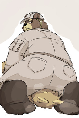 anthro armor bottomwear butt clothed_facesitting clothing duo facesitting hard_hat headgear helmet kemono male overweight overweight_male pants simple_background sitting_on_another solo_focus utu_kuma257 bear canid canine mammal 2025 hi_res
