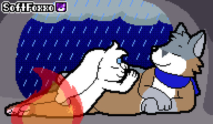 3_eyes ambiguous_gender anthro belly_kiss black_outline blue_scarf blush brown_body brown_fur cave cheek_tuft cloud duo eyebrows eyes_closed facial_tuft fire floppy_ears fur gloves_(marking) grey_body grey_fur head_tuft heart_symbol kissing logo looking_at_another looking_outside lying lying_on_another markings mostly_nude multi_eye multicolored_body multicolored_fur narrowed_eyes night on_side outline pawpads raining raised_eyebrows scarf scarf_only sky sleeping sleeping_together smile star_(marking) teeth text tuft waking_up white_body white_fur softfoxxo canid canine fox grey_fox lagomorph leporid mammal rabbit urocyon 2d_animation animated artist_logo artist_name digital_drawing_(artwork) digital_media_(artwork) pixel_(artwork) pixel_animation