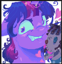 bite biting_lip black_border border crazy_eyes female feral hair heart_symbol horn looking_at_viewer magic messy_hair plushie solo kreez friendship_is_magic hasbro my_little_pony mythology smartypants_(mlp) twilight_sparkle_(mlp) equid equine mammal mythological_creature mythological_equine unicorn aliasing digital_media_(artwork)