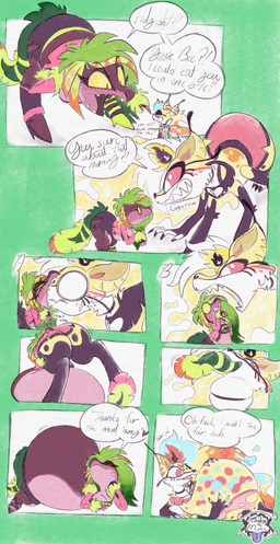 alternative_fashion anthro bodily_fluids body_size_growth butt clothing feathers female fur multi_arm multi_limb multicolored_body multicolored_skin open_mouth profanity pupils red_body red_scales saliva scales size_difference size_transformation slit_pupils soft_vore speech_bubble text thick_thighs timeline_split transformation unusual_hair vore white_body white_fur wings yellow_body yellow_fur bakothemimic hazbin_hotel hellaverse helluva_boss mythology missi_zilla queen_bee-lzebub_(helluva_boss) zeezi_(hazbin_hotel) canid canid_demon canine demon dinosaur feathered_dinosaur feathered_scalie mammal mythological_canine mythological_creature prehistoric_species reptile scalie absurd_res comic english_text hi_res