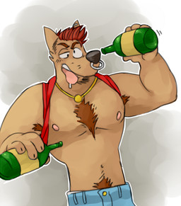 4_fingers anthro armpit_hair bodily_fluids body_hair bottle chest_hair clothed clothing container cross-eyed derp_eyes drunk ear_piercing facial_hair facial_piercing fingers front_view hair holding_bottle holding_container holding_object jewelry male necklace nipples nose_piercing nose_ring outline piercing pubes red_hair ring_piercing saliva short_hair simple_background solo substance_intoxication tongue tongue_out toony topless vasuki mammal