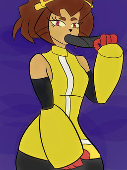 anthro brown_body brown_hair female hair intersex intersex/female oral purple_eyes sex_toy solo t51946 gameoverse glitch_productions kit_bodega felid feline mammal 3:4 hi_res