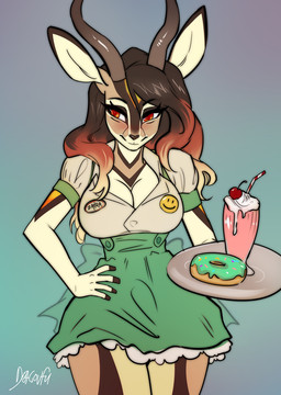 anthro biped bottomwear breasts clothed clothed_anthro clothed_female clothing female fingers food front_view fully_clothed fully_clothed_anthro fully_clothed_female fur hair holding_food holding_object horn simple_background smile solo standing topwear waiter dragonfu zahra_(airheart) antelope bovid gazelle mammal 2026 digital_drawing_(artwork) digital_media_(artwork) hi_res