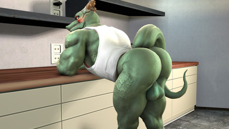 anthro balls big_butt big_muscles blush bottomless bubble_butt butt clothed clothing genitals horn huge_butt leaning leaning_on_table looking_at_viewer male muscular presenting presenting_hindquarters shirt smile solo tail tank_top teeth thick_thighs topwear wide_hips kyleroo petruz_(modeler) asian_mythology east_asian_mythology mythology dragon_(petruz) eastern_dragon_(petruz) dragon eastern_dragon mythological_creature mythological_scalie scalie 3d_(artwork) digital_media_(artwork) hi_res source_filmmaker_(artwork)