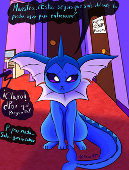computer detailed_background dialogue electronics female feral inside looking_at_viewer solo speech_bubble tail talking_feral talking_to_viewer text frizzmake nintendo pokemon vaporeon_copypasta eeveelution generation_1_pokemon pokemon_(species) vaporeon absurd_res english_text hi_res meme spanish_text translated translated_description