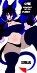 big_breasts black_collar black_hair blue_clothing blue_eyes blue_hair blue_legwear blue_topwear blue_wings breasts clothing collar eyelashes fangs female front_view gradient_hair hair legwear looking_at_viewer membrane_(anatomy) membranous_wings multicolored_hair narrowed_eyes navel simple_background solo tan_body tan_skin teeth text topwear two_tone_hair white_background wings norakaru humanoid english_text hi_res