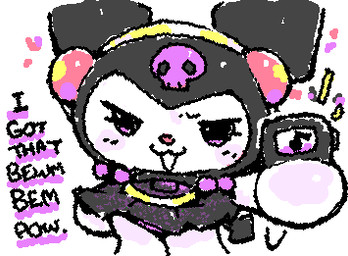 ambiguous_gender anthro biped black_clothing black_dress black_eyes black_hood black_tail black_text blush chibi clothed clothed_ambiguous clothed_anthro clothing dialogue dress electronics eyelashes featureless_hands front_view fully_clothed fully_clothed_ambiguous fully_clothed_anthro headgear headphones headwear holding_object hood looking_at_viewer open_:3 open_mouth open_smile pink_nose purple_blush simple_background skull_symbol smile solo spade_tail squigglevision standing tail talking_to_viewer text white_background white_body ligma_(artist) onegai_my_melody sanrio kuromi demon lagomorph leporid mammal rabbit 2025 animated digital_media_(artwork) english_text flat_colors handwritten_text low_res wigglypaint_(artwork) female_(lore)