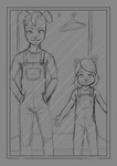 anthro clothing duo female fitting_room hand_in_pocket hands_in_both_pockets male mirror overalls pockets smile standing dooberpng hunter_(dooberpng) lily_(dooberpng) bird_dog canid canine canis domestic_cat domestic_dog felid feline felis golden_retriever hunting_dog mammal retriever greyscale hi_res monochrome sketch brother_(lore) brother_and_sister_(lore) sibling_(lore) sister_(lore)