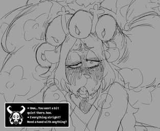 age_difference ahegao anthro antlers big_hands blush blush_lines blushing_profusely clothed clothing dialogue_box eyelashes faceless_character faceless_male female floral_shirt flustered freckled_face freckles hand_on_head headpat horn larger_male long_eyelashes looking_pleasured male mature_male motion_lines size_difference smaller_female text huntermsmut deltarune undertale_(series) asgore_dreemurr noelle_holiday boss_monster_(undertale) deer mammal new_world_deer reindeer english_text hi_res monochrome sketch