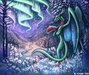 ambiguous_gender anthro aurora_(phenomenon) blue_eyes blue_membrane butt day detailed_background detailed_fur ears_back forest fur green_body green_fur horn humanoid_hands long_mouth looking_up membrane_(anatomy) membranous_wings nature no_sclera outside pivoted_ears plant rear_view red_scarf river scales scarf shadow sky snout snow snowing solo spines standing tail tree white_body white_scales wings winter flashw mythology dragon furred_dragon furred_scalie mythological_creature mythological_scalie scalie 2017 character_request detailed digital_media_(artwork)