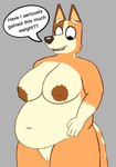 anthro areola belly big_belly big_breasts breasts brown_nose dialogue female fur genitals looking_down mature_anthro mature_female nipples nude nude_anthro nude_female orange_body orange_fur orange_tail overweight overweight_anthro overweight_female simple_background solo speech_bubble tail tan_body tan_fur text phoenixfreedom bluey_(series) chilli_heeler australian_cattle_dog canid canine canis cattledog domestic_dog herding_dog mammal pastoral_dog 2024 digital_drawing_(artwork) digital_media_(artwork) english_text hi_res