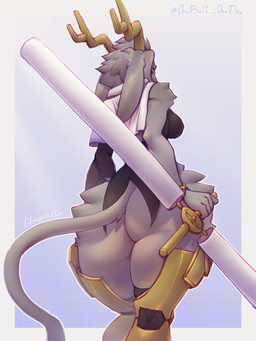 anthro armor armored_boots big_butt black_clothing black_shirt black_topwear bottomless bottomless_anthro bracelet bubble_butt butt capelet clothed clothing eyeliner female fluffy fur grey_body grey_fur hair horn jewelry leg_armor leg_tuft long_ears long_tail looking_back makeup melee_weapon partial_nudity partially_clothed shirt short_hair simple_background solo sword tail thick_thighs thigh_tuft topwear tuft weapon chernilla onebutt_oneday pseudoregalia sybil_(pseudoregalia) bovid caprine goat mammal 3:4 absurd_res hi_res