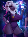 absurd_res amaverse anthro big_breasts black_body bovid breasts caprine cigarette clothed clothing curvy_figure detailed_background female fur hi_res huge_breasts legwear leotard looking_at_viewer mammal mrincred neon_lights night public sheep smiley_face smoking solo teasing thick_thighs thigh_highs voluptuous waiting watchmen were werecaprine weresheep wide_hips wool_(fur) xalda_(shg_ver.)