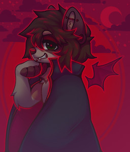 anthro black_cape black_clothing brown_hair cape clothing grin hair male moon smile solo m1ss1ngtexture art_fight canid canine canis domestic_dog mammal vampire 2025 half-length_portrait portrait red_theme