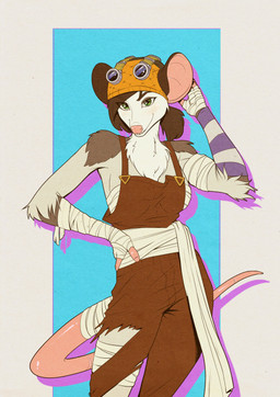 anthro arm_tuft arm_wraps armwear athletic athletic_anthro athletic_female biped breasts brown_clothing brown_ears brown_hair brown_overalls chest_wraps clothing cosplay elbow_tuft female female_anthro front_view fur geometric_background green_eyes grey_body grey_fur hair hairless_tail hand_on_hip headgear headwear leg_wraps looking_at_viewer multicolored_body multicolored_fur overalls pink_inner_ear pink_tail ponytail pose simple_background solo tail tail_wraps tan_body tan_fur torn_clothing tuft white_body white_fur wraps jarofloosescrews molly_(iamrman) usopp american_opossum mammal marsupial 2024 hi_res portrait three-quarter_portrait