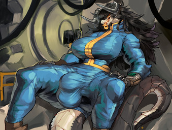 anthro balls_outline big_breasts big_bulge big_tail biped black_body black_claws black_hair black_horn black_scales blue_bottomwear blue_clothing blue_pants blue_shirt blue_topwear boots bottomwear breasts bulge claws clothed clothed_anthro clothed_gynomorph clothing countershade_face countershade_neck countershade_scales countershade_tail countershading detailed_background detailed_bulge eyelashes fangs finger_claws fingers footwear front_view fully_clothed furgonomics genital_outline glistening glistening_horn glowing glowing_eyes grey_horn gynomorph gynomorph_anthro hair horn huge_breasts humanoid_hands inside intersex intersex_anthro jumpsuit long_hair long_tail long_tongue monotone_hair multicolored_body multicolored_scales multicolored_tail muscular muscular_anthro muscular_intersex narrowed_eyes open_mouth orange_tongue pants pip-boy ridged_horn scales sharp_teeth shirt shoes sitting snout solo spread_legs spreading tail tail_clothing tail_ridge tan_body tan_countershading tan_scales teeth thick_thighs tongue tongue_out topwear two_tone_body two_tone_scales two_tone_tail vault_suit yellow_eyes zerolativity fallout microsoft deathclaw scalie 2025 absurd_res colored digital_media_(artwork) hi_res portrait shaded signature three-quarter_portrait