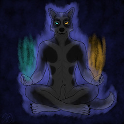 abs animal_genitalia anthro balls black_body black_fur claws dark energy finger_claws fire fur fur_markings genitals glowing glowing_eyes grey_body grey_fur heterochromia male markings meditation notched_ear sheath sitting sitting_on_ground solo toe_claws maklykan mak_lykan canid canine canis mammal wolf 1:1 absurd_res hi_res
