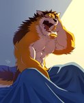 abs anthro bed biceps countershading eyes_closed fur furniture male muscular muscular_anthro muscular_male nipples open_mouth pecs solo teeth tongue yawn takemoto_arashi lifewonders live_a_hero barrel_(live_a_hero) canid canine canis mammal wolf hi_res