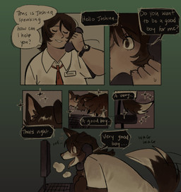6_panel_comic anthro breath brown_body brown_eyes brown_fur clock clothing collared_shirt computer_keyboard computer_monitor dialogue electronics eyes_closed fur good_boy gradient_background growling male motion_lines name_tag necktie panting phone phone_call shirt simple_background sparkles species_transformation speech_bubble tail tail_motion tailwag text tongue tongue_out topwear transformation watch white_clothing white_shirt white_topwear wristwatch serafphim josh_(serafphim) canid canine canis domestic_dog human mammal comic english_text hi_res