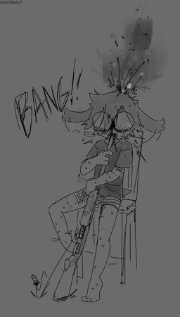 ambiguous_gender anthro blood bodily_fluids chair clothed clothed_anthro clothing death furniture gore gun on_chair ranged_weapon self-harm shirt shooting shotgun sitting sitting_on_chair solo suicide t-shirt tears topwear weapon bravobunny bravo_(bravobunny) lagomorph leporid mammal rabbit greyscale hi_res monochrome