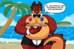 anthro beach belly beverage blush bottomwear butler clothing hair horn looking_at_viewer male moobs nipples open_mouth overweight overweight_anthro overweight_male shirtless shorts shy slightly_chubby slightly_chubby_male smile solo tail text lettucelechuga mythology javi_(lettucelechuga) dragon mythological_creature mythological_scalie scalie 3:2 english_text hi_res