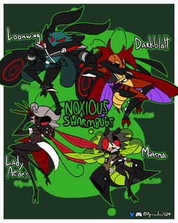 anthro belt female gas_mask group male mask weapon wings pyrusuchus924 darkblatt_(pyrusuchus924) lady_aedes_(pyrusuchus924) loomwing_(pyrusuchus924) miasma_(pyrusuchus924) arthropod blattodean cockroach fly_(animal) insect lepidopteran mosquito moth 4:5