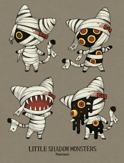 ambiguous_gender anthro bow_ribbon group multi_eye sharp_teeth slime teeth text maniani0122 domestic_cat felid feline felis mammal mummy undead english_text