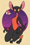 anthro big_ears black_body black_fur blush breasts clothing crouching female fur heart_nose heart_symbol looking_at_viewer membrane_(anatomy) membranous_wings one-piece_swimsuit question_mark red_sclera sky small_breasts small_waist solo star starry_sky swimwear wide_hips wings yellow_eyes nerdyreindeer bat mammal hi_res