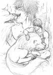 ambiguous_gender cloth digitigrade duo feral fur licking male quadruped tail tongue tongue_out unknown_artist toriko_(series) terry_cloth toriko battle_wolf canid canine canis human mammal wolf graphite_(artwork) monochrome traditional_media_(artwork)