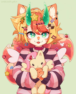 accessory anthro clothing collar ear_piercing female fur green_eyes green_horn hair horn markings orange_hair pattern_clothing pattern_sweater pattern_topwear piercing plushie red_collar solo striped_clothing striped_markings striped_sweater striped_topwear stripes sweater tan_body tan_fur tongue tongue_out topwear yoshinokyoko friendship_is_magic hasbro my_little_pony fluttershy_(mlp) felid mammal hi_res