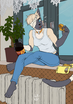 anthro blue_eyes bottomwear choker clothed clothing denim denim_bottomwear denim_clothing eating eating_food female fur grey_body grey_fur hair jeans jewelry kvass multicolored_body multicolored_fur necklace one_ear open_mouth pants sitting solo tan_body tan_fur lirkov 9_lives_(series) grechka_(9_lives) domestic_cat felid feline felis mammal digital_media_(artwork) hi_res