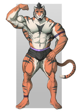 abs anthro arm_tattoo biceps black_clothing black_hair black_underwear border claws clothed clothing ear_piercing ear_ring ear_stud facial_hair flexing flexing_bicep footwear forearm_muscles fur goatee grey_background hair male multicolored_body multicolored_fur muscular muscular_anthro muscular_male navel obliques one_eye_closed orange_body orange_fur pecs piercing ponytail ring_piercing serratus shoes short_ponytail sideburns simple_background smile sneakers solo striped_body striped_fur stripes tattoo toe_claws underwear underwear_only vein veiny_muscles white_body white_border white_fur wink kaytormmash kay_(kaytormmash) felid mammal pantherine tiger 2023 absurd_res hi_res