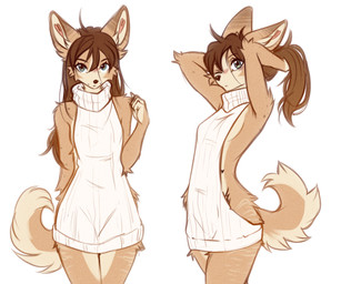 anthro biped breasts claws clothed clothed_anthro clothed_female clothing countershade_torso countershading female fingers front_view fur hair inner_ear_fluff looking_at_viewer simple_background smile solo standing sweater tail topwear tuft virgin_killer_sweater yshanii meme_clothing cotton_(yshanii) canid canine canis dingo mammal 2026 6:5 digital_drawing_(artwork) digital_media_(artwork) hi_res meme