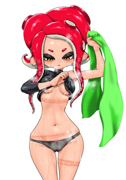 breasts clothed clothing clothing_lift crop_top female not_furry panties pseudo_hair shirt shirt_lift simple_background solo tentacle_hair tentacles topwear towel under_boob underwear wet white_background koharuno2 nintendo splatoon agent_8_(splatoon) aquatic cephalopod humanoid mollusk octarian octoling hi_res