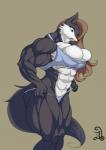 abs anthro biceps big_breasts big_muscles breasts clothing female hair huge_muscles muscular muscular_anthro muscular_female pecs solo standing tight_clothing underwear d.angelo canid canine mammal absurd_res hi_res