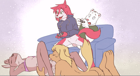 3_toes anthro anthro_on_anthro anthro_penetrated anthro_penetrating anthro_penetrating_anthro balls barefoot bottomless breasts building butt casual_sex clothed clothing cunnilingus erection feet female female/female female_penetrated furniture gaming gaming_while_penetrated genitals green_eyes group group_sex house humanoid_genitalia humanoid_penis humanoid_vulva lying male male/female male_penetrating male_penetrating_female nude on_back on_front oral party penetration penile penile_penetration penis penis_in_vagina plantigrade playing_video_game sex sex_while_gaming sitting sofa spread_legs spreading toes vaginal vaginal_penetration vulva juvira billy_(juvira) roxie_(juvira) sue_(juvira) trixie_(juvira) bear canid canine canis deer domestic_dog fox mammal polar_bear ursine 2d_animation animated frame_by_frame
