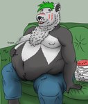 anthro belly clothed clothing food food_fetish food_play male moobs navel nekot obese obese_anthro obese_male overweight overweight_anthro overweight_male rumbling_stomach solo weight_gain nekotthebrave animal_humanoid canid canid_humanoid canine canine_humanoid humanoid mammal mammal_humanoid wolf_humanoid absurd_res hi_res