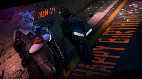 5_fingers anthro bottomwear clothed clothed_anthro clothed_female clothing coat coat_cape female fingerless_gloves fingers fur gloves graffiti hair handwear humanoid_hands male motorcycle night pants solo topwear vehicle white_body white_fur white_hair petruz petruz_(modeler) ren_(petruz) mammal murid murine rat rodent 16:9 3d_(artwork) digital_media_(artwork) hi_res source_filmmaker_(artwork) widescreen