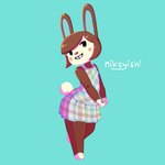 anthro blush bottomwear brown_body brown_fur chibi clothed clothing dress female fur green_eyes pattern_bottomwear pattern_clothing pattern_skirt plaid plaid_bottomwear plaid_clothing plaid_skirt skirt solo white_body conditional_dnp nikoyishi animal_crossing nintendo carmen_(animal_crossing) lagomorph leporid mammal rabbit 1:1 2025 digital_media_(artwork) hi_res shaded signature