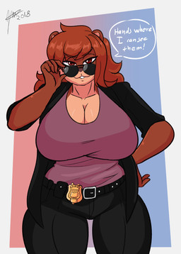 badge big_breasts breasts cleavage clothed clothing dialogue eyewear female front_view hair huge_breasts looking_at_viewer police police_badge police_officer solo speech_bubble sunglasses talking_to_viewer text thick_thighs thigh_gap wide_hips year jwinkz gina_knight bear brown_bear kodiak_bear mammal ursine 2018 english_text hi_res signature