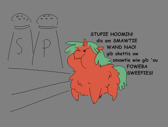 1_horn ambiguous_feral ambiguous_gender angry baby_talk dialogue feral fur green_hair green_tail grey_background hair horn looking_up offscreen_character orange_body orange_fur pepper_shaker salt_shaker simple_background solo spiral_horn standing tail text young young_ambiguous young_feral meatfroot fluffy_pony fluffy_pony_(species) mammal 2026 digital_media_(artwork) english_description english_text
