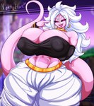 5_fingers andoid_21 big_breasts black_sclera breasts eyebrows female fingers hair huge_breasts humanoid_pointy_ears navel not_furry open_mouth pink_body pink_eyes pink_skin pink_tail pointy_ears solo tail tongue white_hair nightlyflare dragon_ball dragon_ball_fighterz android_21 majin_android_21 humanoid 2025 hi_res