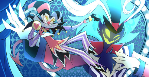 bell black_body carrying_another clothed clothing detailed_background duo empty_eyes feathers glowing glowing_eyes glowing_mouth green_eyes hat headgear headwear jester larger_male lying male on_back pattern_clothing pose size_difference smile stage striped_clothing stripes top_hat madelezabeth hellaverse helluva_boss asmodeus_(helluva_boss) fizzarolli_(helluva_boss) demon humanoid imp 2021 hi_res