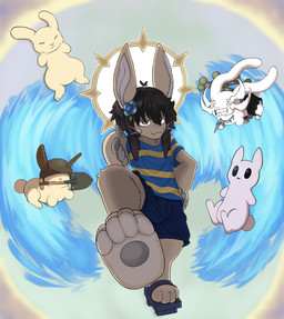 accessory anthro armor beckoning clothing feet feral floating flower flower_in_hair foot_fetish foot_focus footwear gesture group hair hair_accessory halo hand_gesture hand_on_hip headgear helmet male plant pointing pointing_at_viewer sandals shoes shovel smug tools wings hummyfluff earthbound_(series) jujutsu_kaisen made_in_abyss nintendo rain_world team_fortress_2 terraria valve videocult alex_the_narehate mahoraga soldier_(team_fortress_2) hybrid lagomorph mammal narehate slugcat hi_res