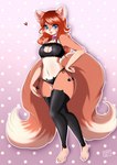 2_tails anthro barefoot biped blue_eyes breasts clothing feet female fur hair heart_symbol legwear multi_tail navel pattern_background red_hair simple_background smile solo tail tan_body tan_fur thigh_highs underwear wide_hips anglish canid canine fox mammal 2016 hi_res