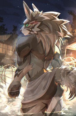 anthro blush brown_body brown_fur butt fur green_eyes looking_at_viewer looking_back male night solo striped_body striped_fur stripes towel towel_only water biri lifewonders tokyo_afterschool_summoners seth_(tas) canid canine canis jackal mammal hi_res
